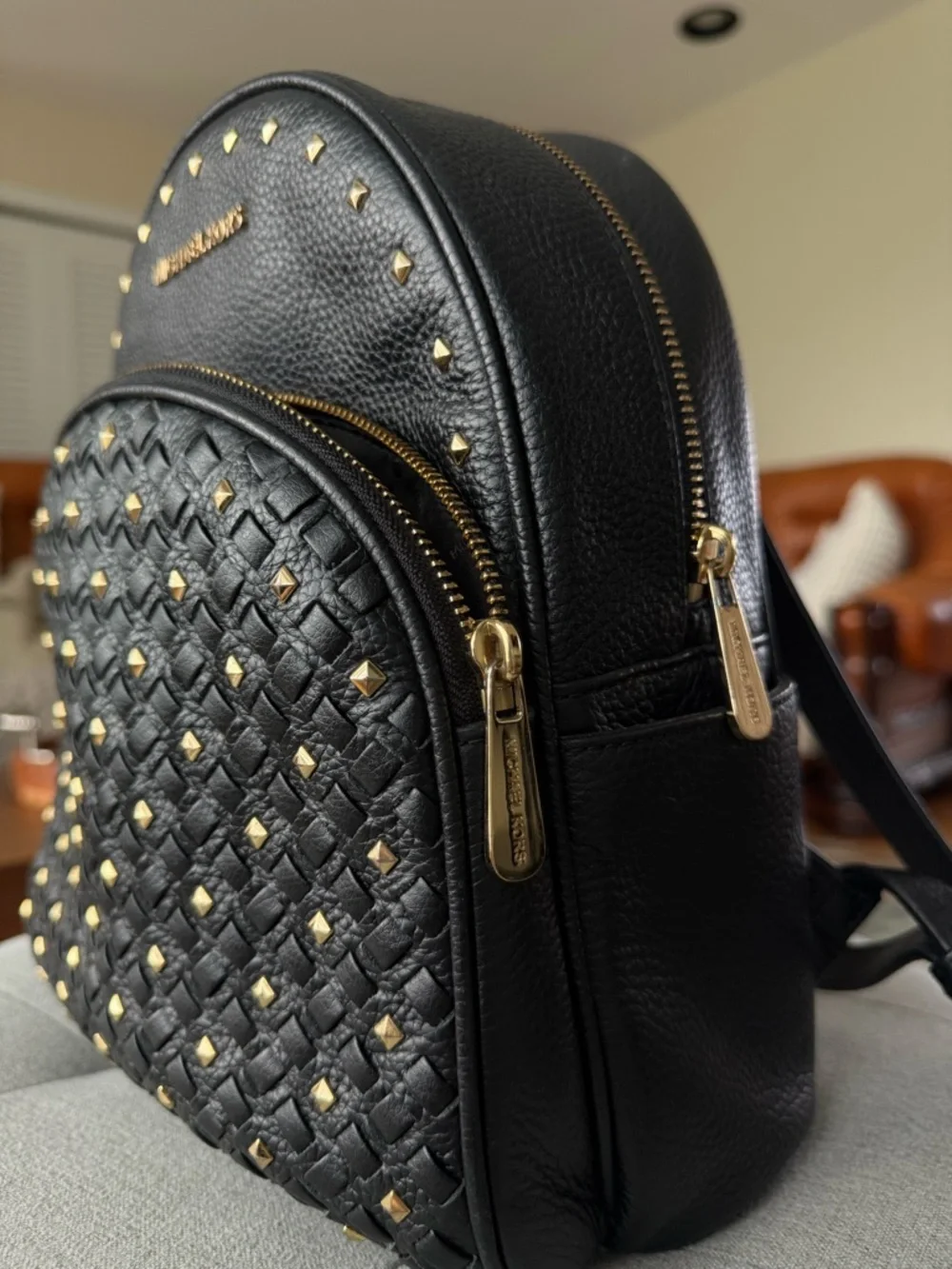 Michael Kors Medium Leather Black Backpack with Gold Pebbled Studs - Picture 2 of 6